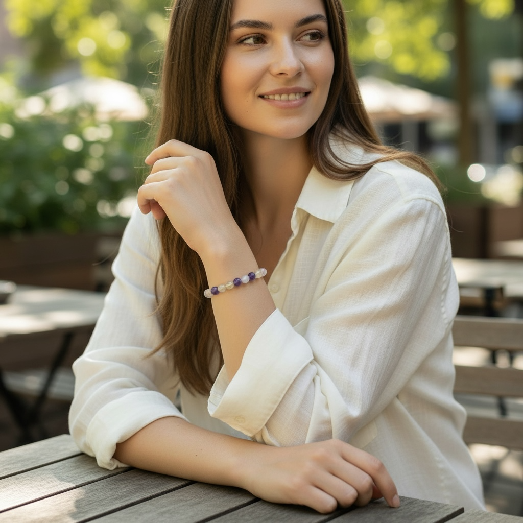 Multi-stone bracelet with heated citrine, amethyst, moonstone, rose quartz (5-6mm beads)