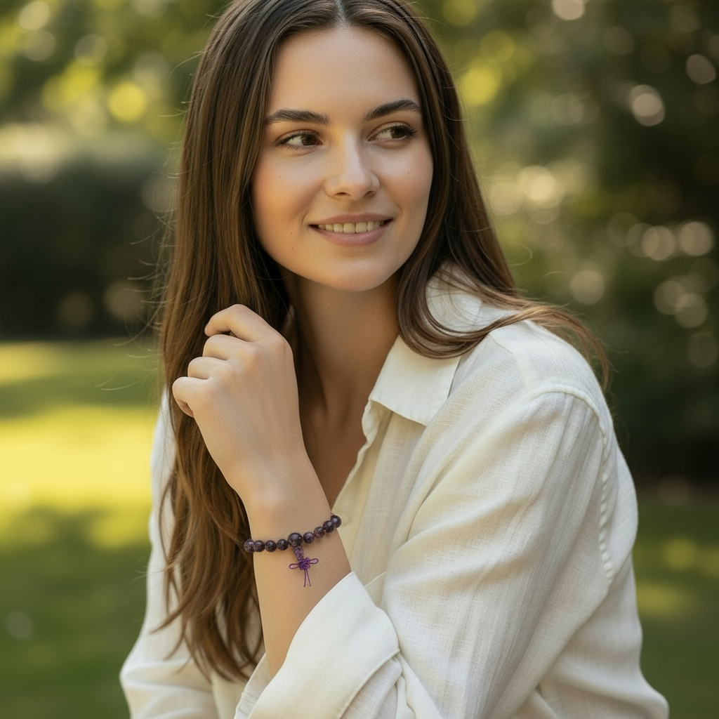 Bracelet tibétain améthyste Brésil A Mâlâ (boules 7-8mm)