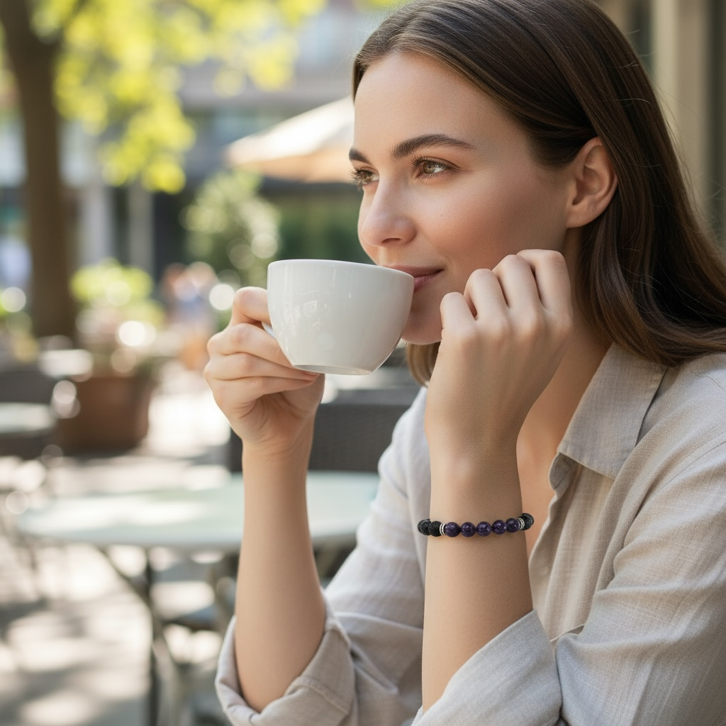 Bracelet &quot;Zodiac&quot; Poisson - Pierre de lave - Améthyste (boules 8mm)