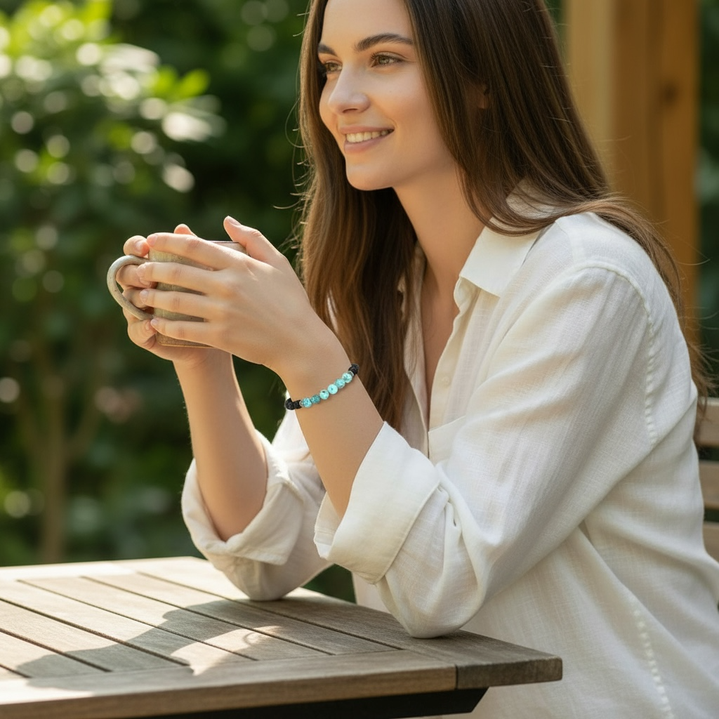 Bracelet &quot;Zodiac&quot; Verseau - Pierre de lave - Turquenite (boules 8mm)