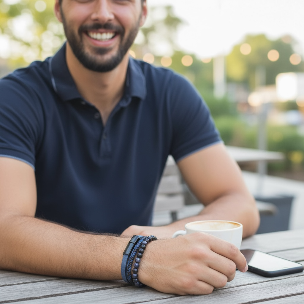 Bracelet Homme cuir bleu onyx pierre d&