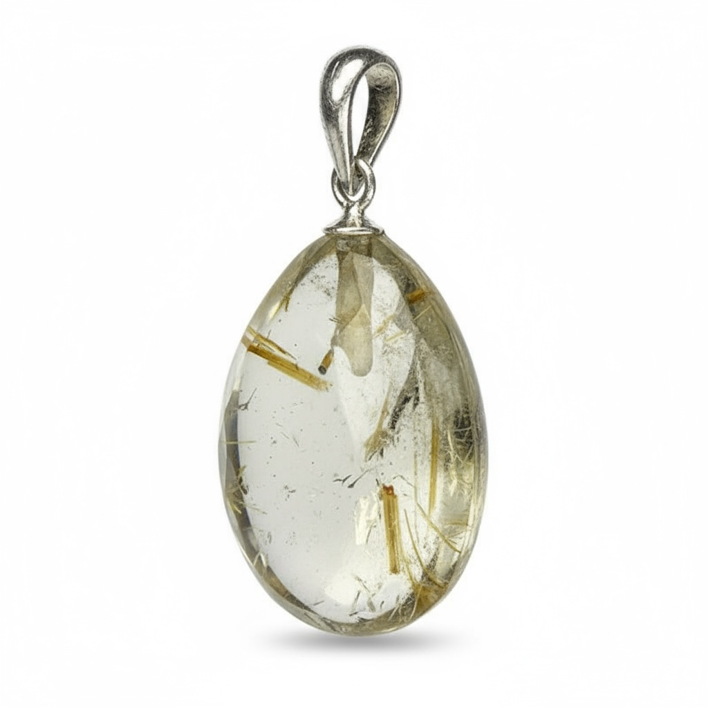 Colgante de cuarzo rutilo de Brasil con anilla de plata 925 con piedra enrollada