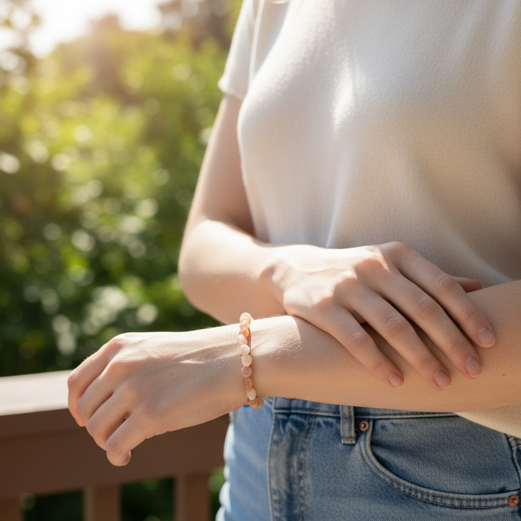 Bracelet pierre de lune rose orangée Inde A+ (grains 5-7mm)