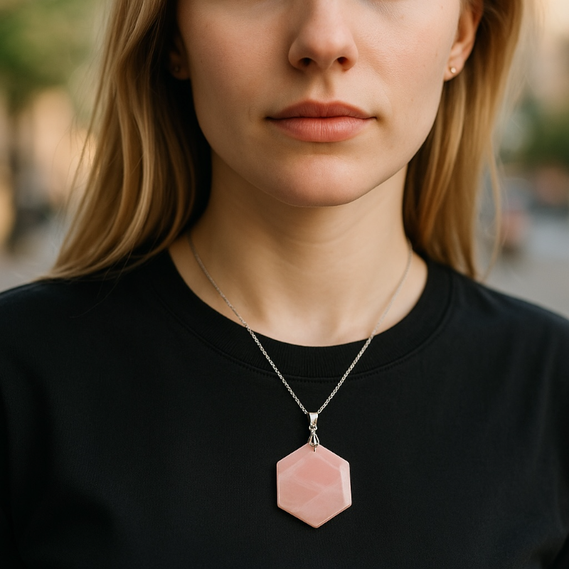 Pendentif quartz rose Brésil A (sceau de Salomon) acier inoxydable