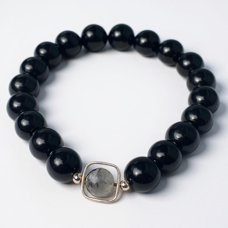 Pulsera ojo celeste obsidiana + bolas de cuarzo turmalina 10mm