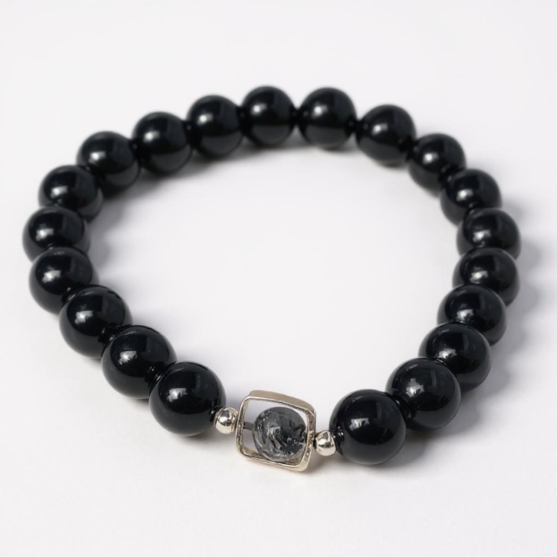 Pulsera ojo celeste obsidiana + bolas de cuarzo turmalina 7-8mm