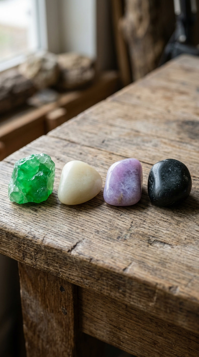 Quatre pierres de jade de couleurs différentes, du vert au noir