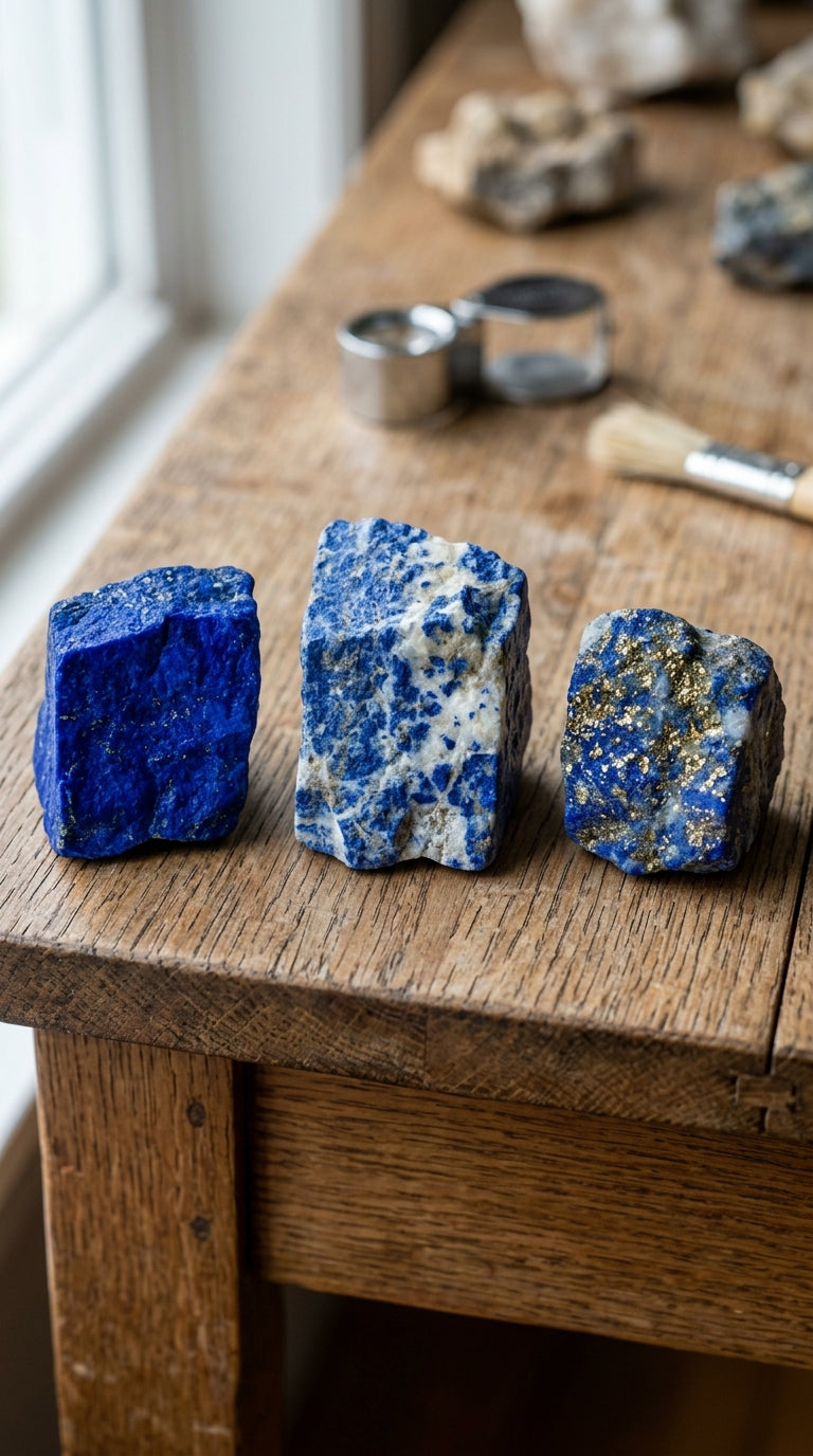 Trois blocs de lapis-lazuli aux bleus plus ou moins intenses