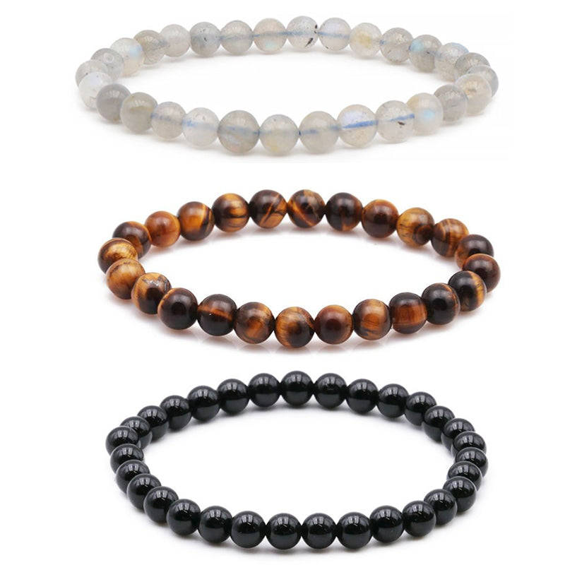 Lot 3 Bracelets PROTECTION: Labradorite, Oeil de tigre, Tourmaline noire (boules 5-6mm)