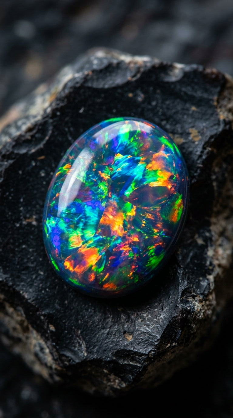 Opale aux reflets multicolores posée sur une roche sombre