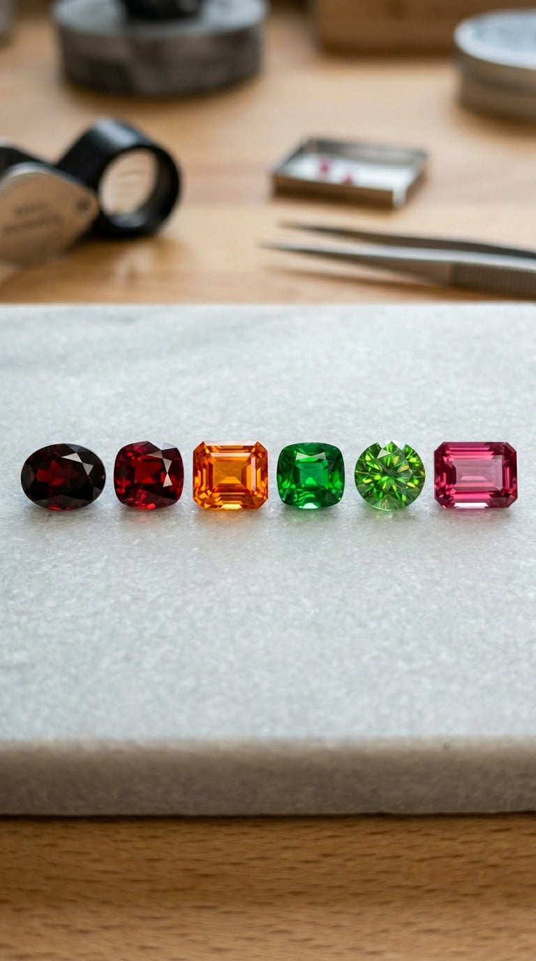 Six grenats taillés de couleurs différentes, du rouge sombre au vert