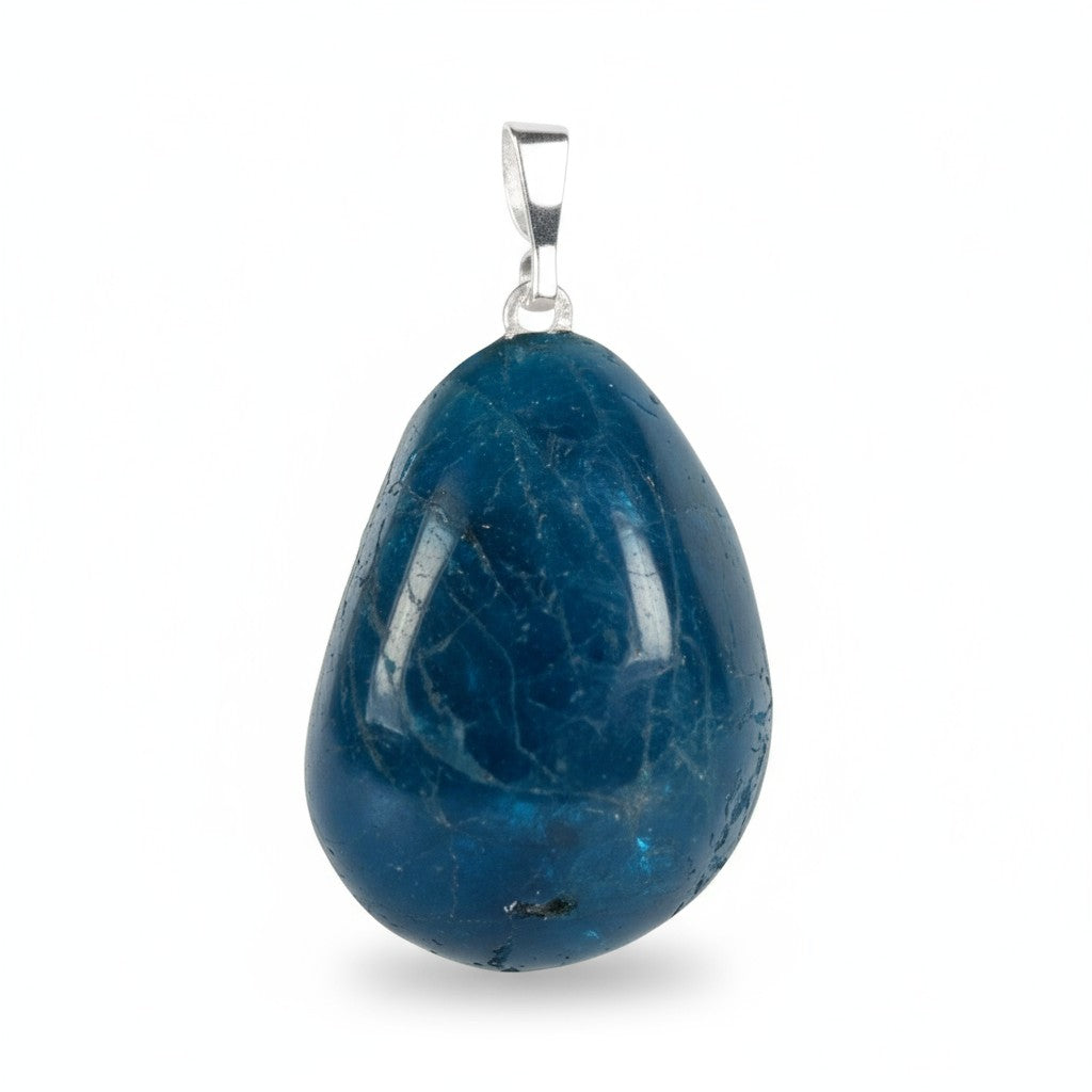 Pendentif apatite bleue Brésil AA pierre roulée boucle argent 925