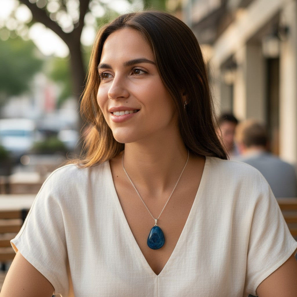 Blue apatite pendant Brazil AA rolled stone 925 silver loop