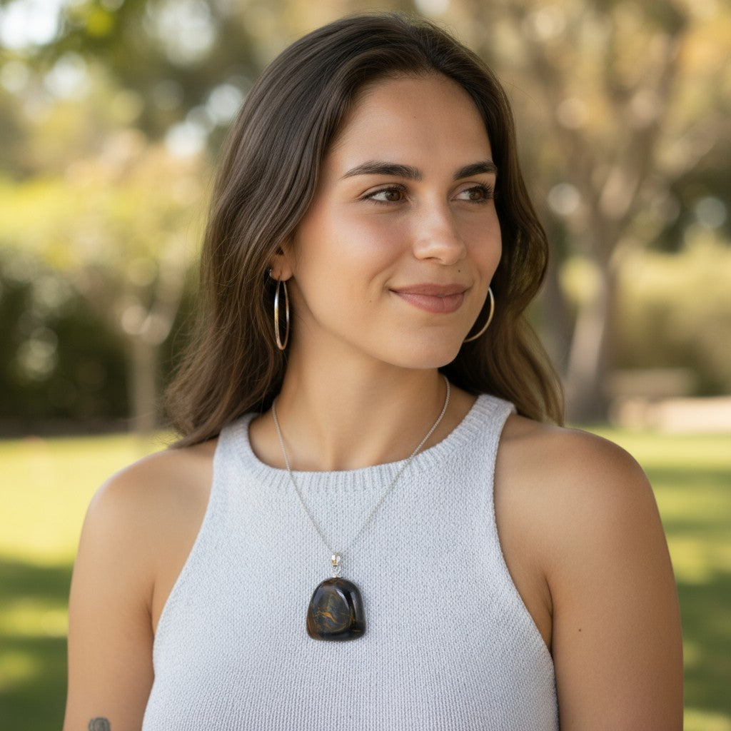 Pendentif oeil de faucon Afrique du Sud A pierre roulée boucle argent 925