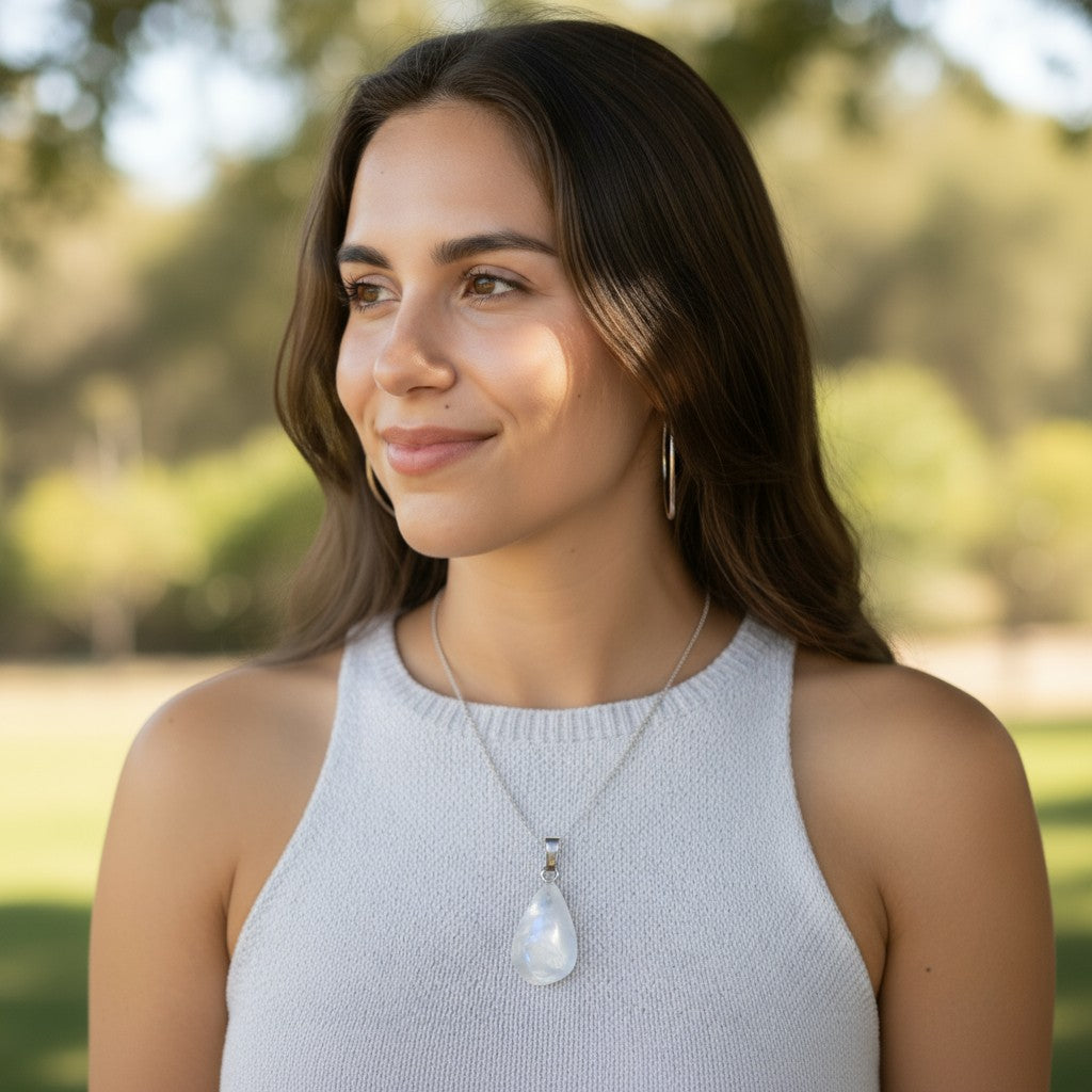 Pendentif pierre de lune arc en ciel (péristérite) Inde AA boucle argent 925