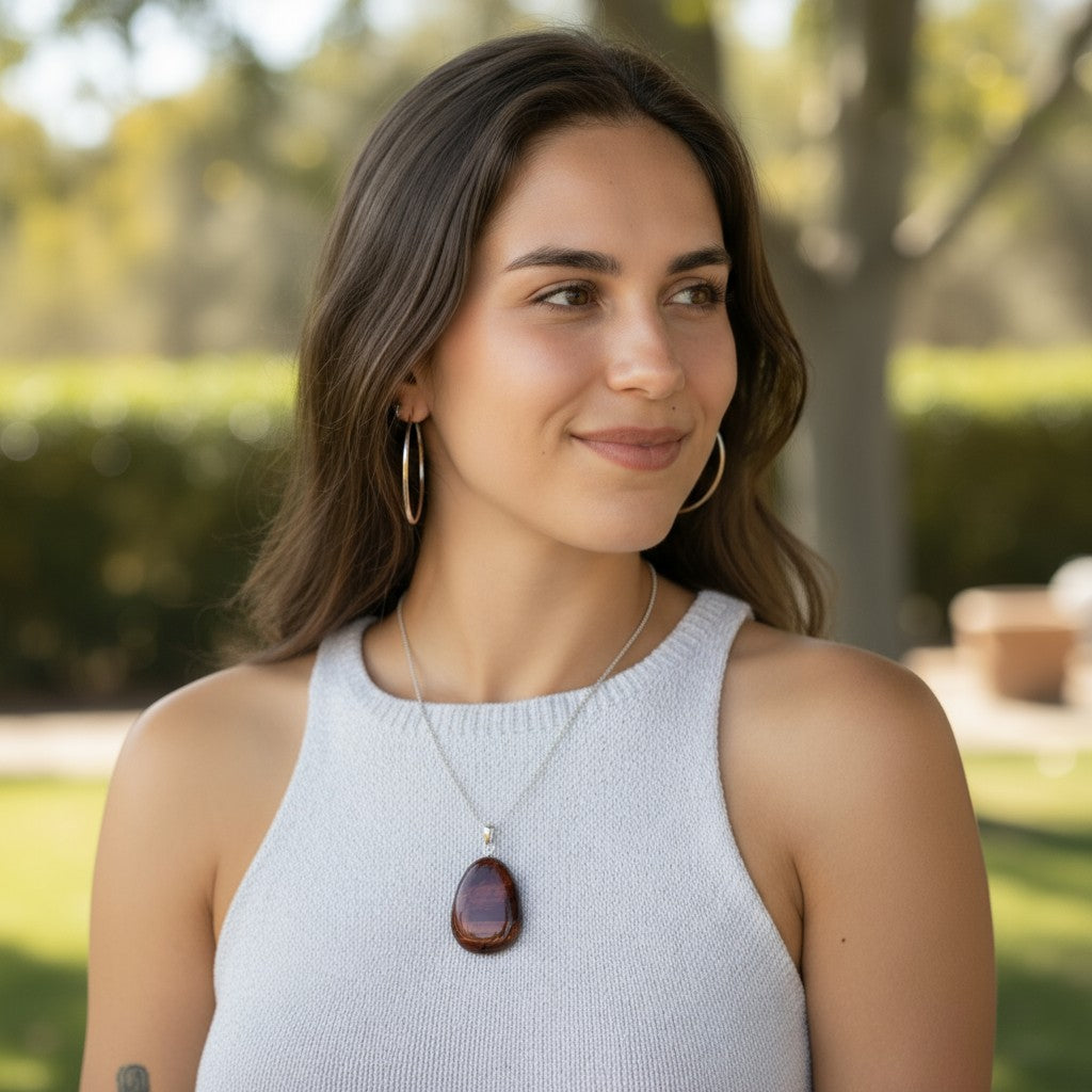 Pendentif oeil de taureau Afrique du Sud A pierre roulée boucle argent 925