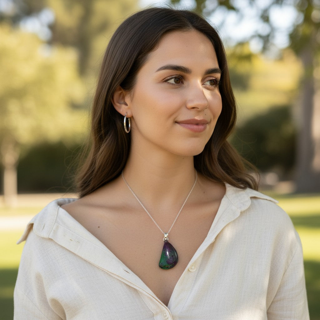 Pendentif rubis sur Zoisite Tanzanie A pierre roulée boucle argent 925