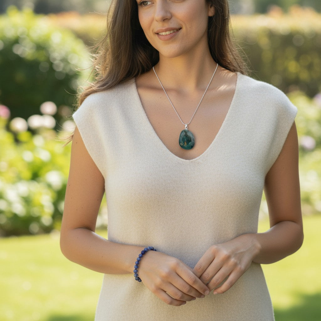 Pendentif agate mousse Brésil A pierre roulée boucle argent 925