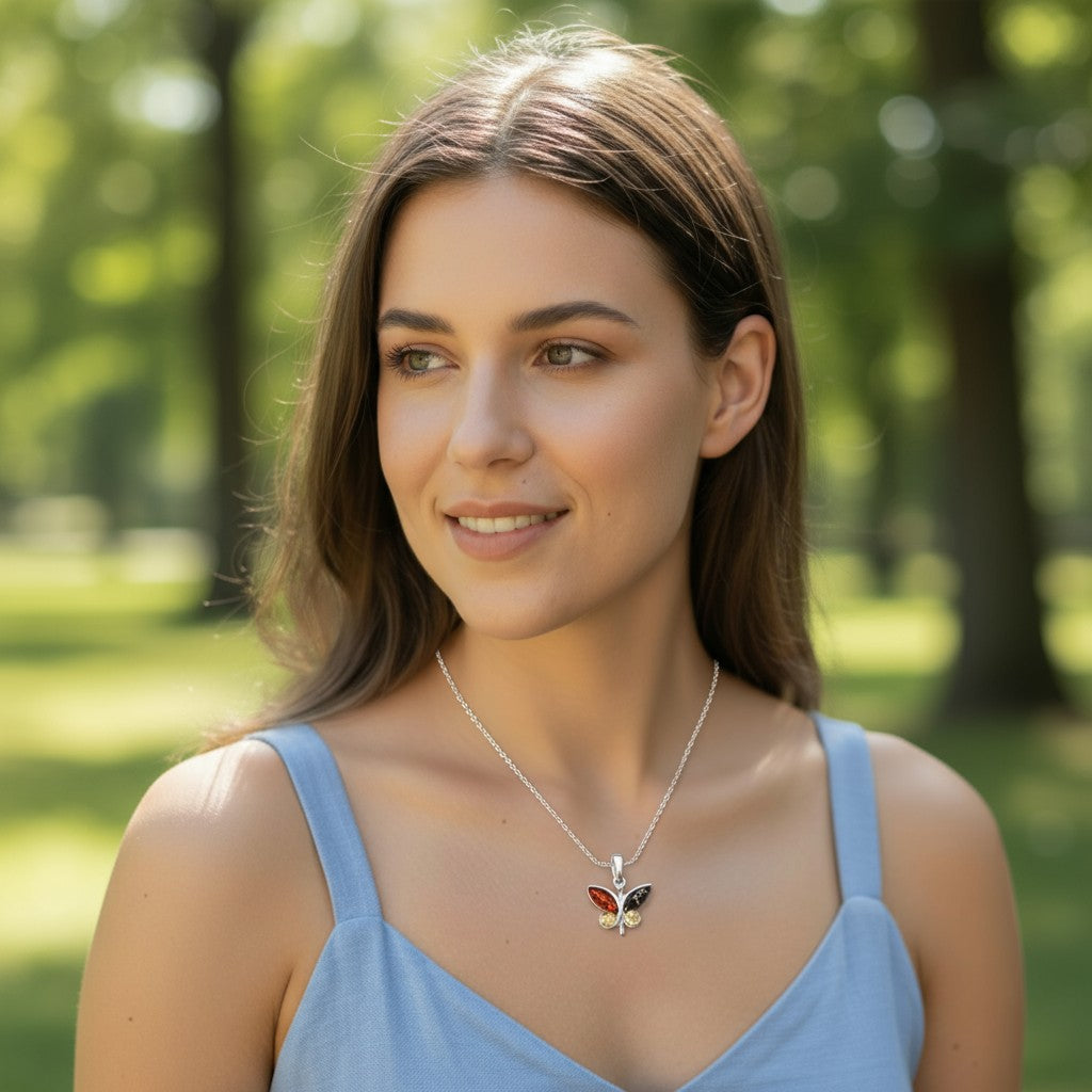 Pendentif ambre multicolore Lituanie AA argent 925 (papillon)