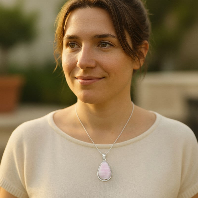 Pendentif calcédoine rose Namibie AA argent 925