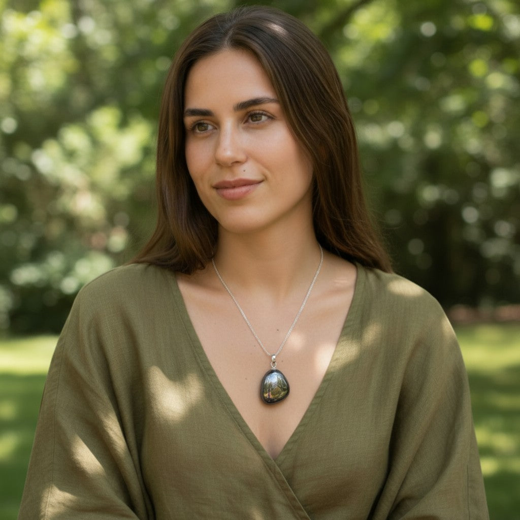 Pendentif hématite Chine A pierre roulée boucle argent 925