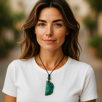 Pendentif malachite Congo AA pierre plate + cordon