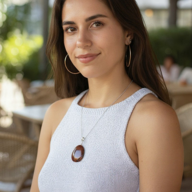 Pendentif obsidienne acajou Mexique A pierre roulée boucle argent 925