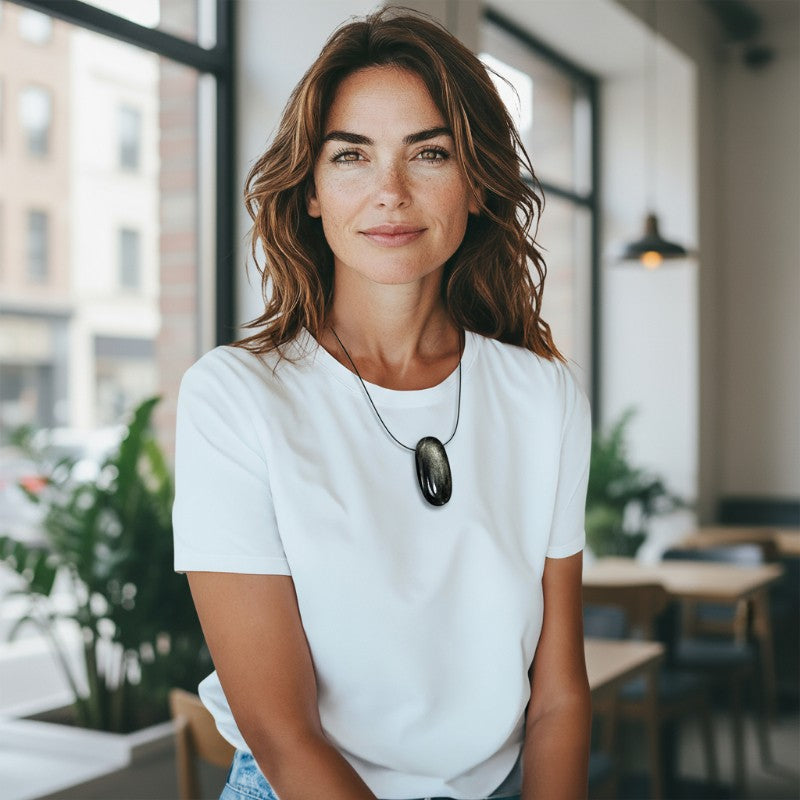 Pendentif obsidienne argentée Mexique AAA pierre trouée + cordon