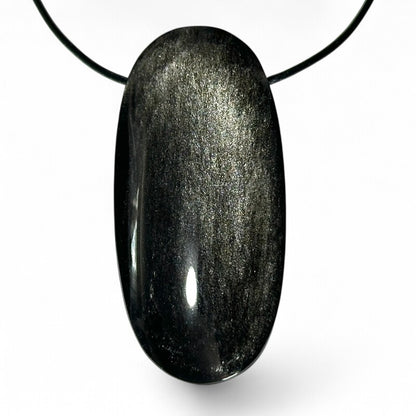 Pendentif obsidienne argentée Mexique AAA pierre trouée + cordon