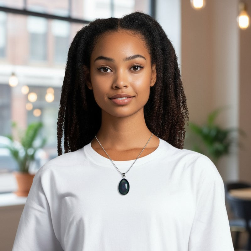 Pendentif obsidienne oeil céleste sertie Mexique AAA argent 925