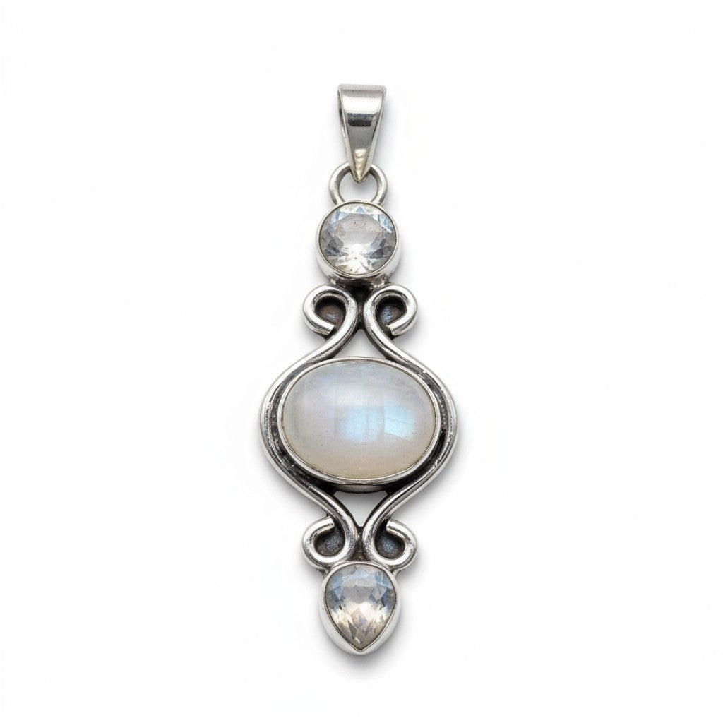 Rainbow moonstone pendant (peristerite) India AA silver 925