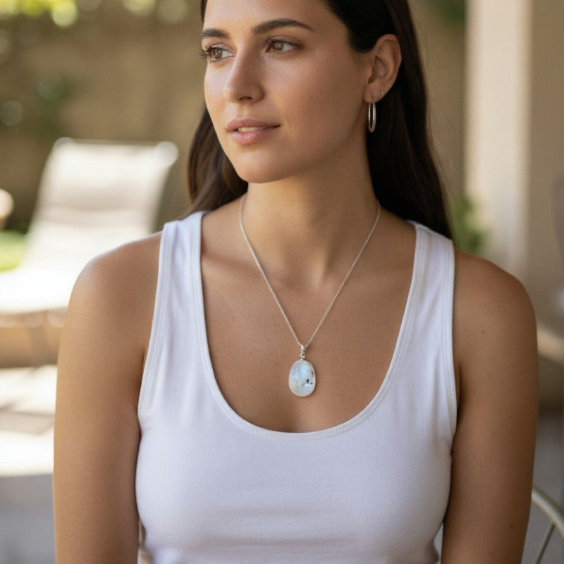 Pendentif pierre de lune arc en ciel (péristérite) Inde A boucle argent 925