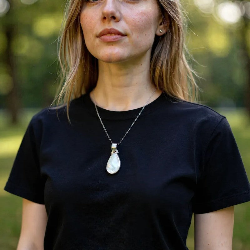 Pendentif pierre de lune arc en ciel (péristérite) Inde AA argent 925