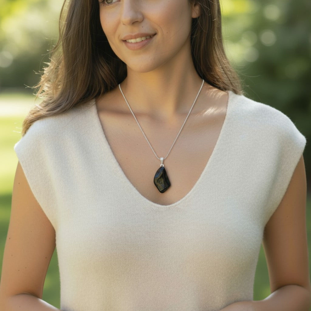 Pendentif shungite Russie A pierre roulée boucle argent 925