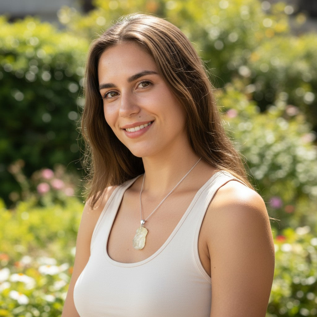 Pendentif Verre Libyque ou Tectite jaune Lybie A pierre roulée boucle argent 925