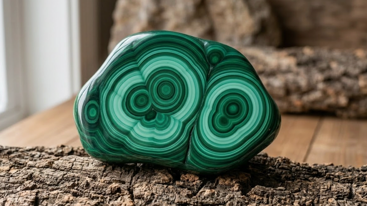 Malachite polie aux bandes concentriques vert foncé et vert clair