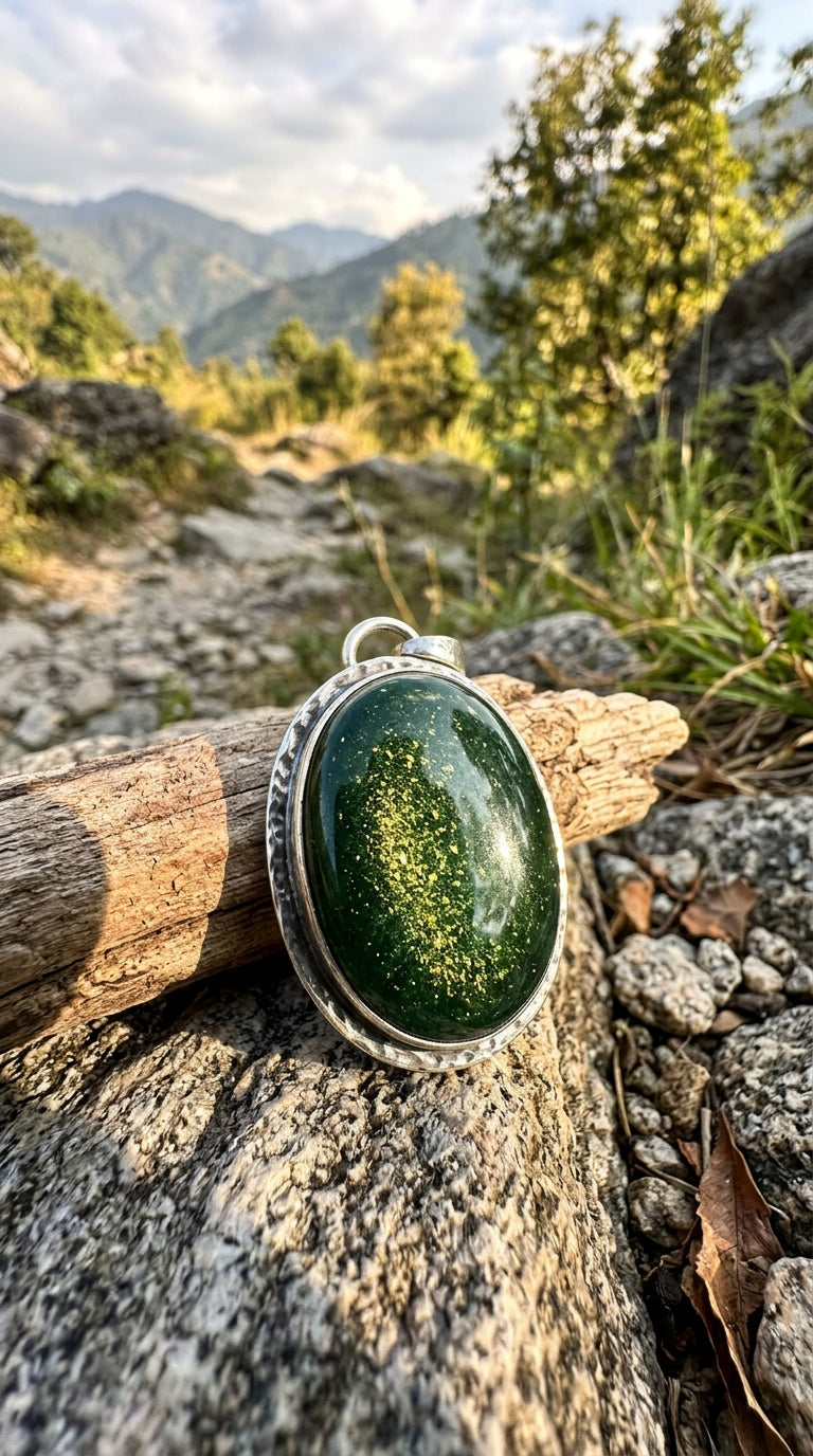 Pendentif en aventurine verte pailletée serti d'argent