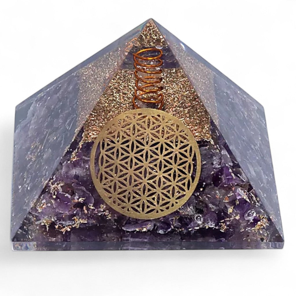 Pyramide orgonite améthyste fleur de vie (70mm)