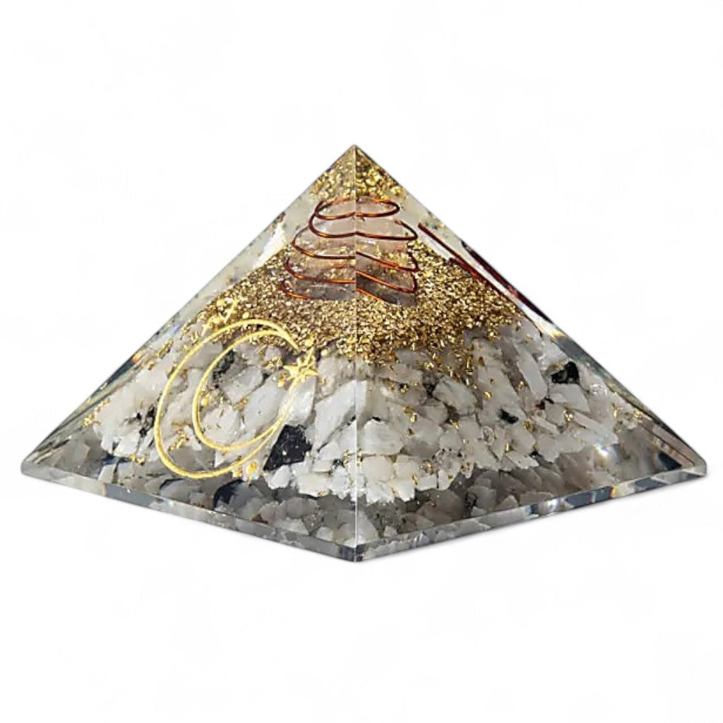 Pyramide orgonite pierre de lune symbole lunaire (75mm)