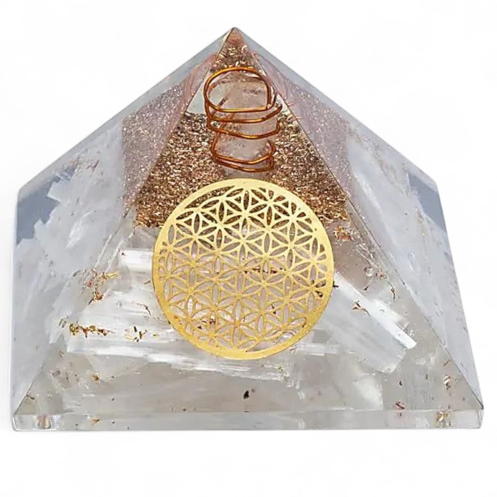 Pyramide orgonite selenite fleur de vie (70mm)