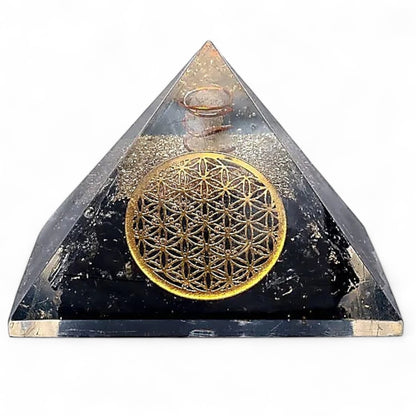 Pyramide orgonite tourmaline noire fleur de vie pointe de cristal (70mm)