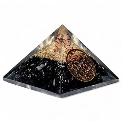Pyramide orgonite tourmaline noire fleur de vie pointe de cristal (70mm)