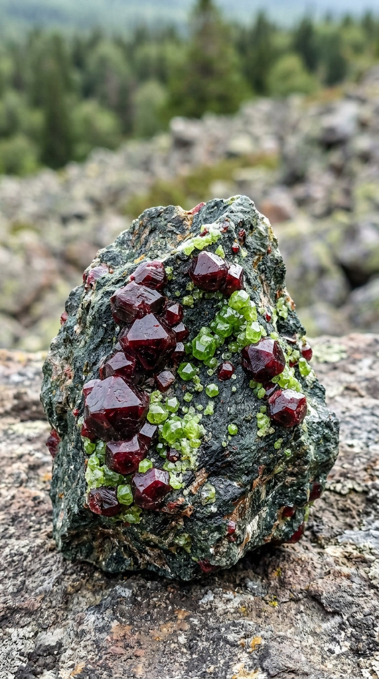Cristaux de grenat rouge sombre sur leur roche