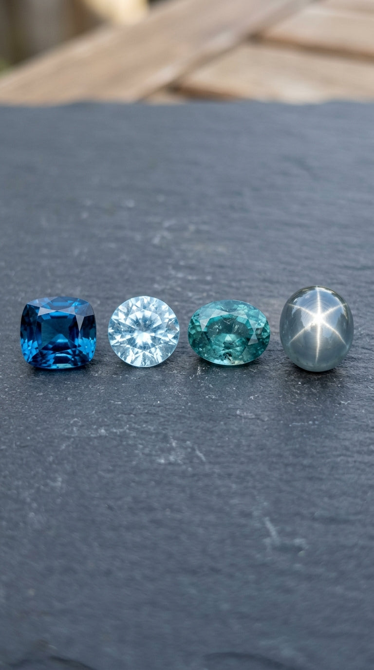 Quatre pierres bleues taillées de nuances différentes sur une ardoise