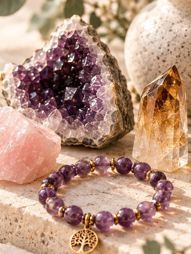Améthyste, citrine, quartz rose et bracelet en pierres naturelles