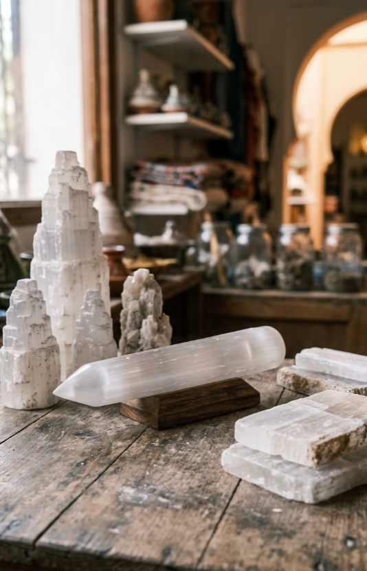Baguettes, plaques et tours de sélénite blanche