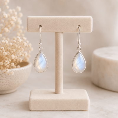 Boucles d'oreilles pierre de lune arc en ciel (péristérite) goutte Inde AA+ argent 925