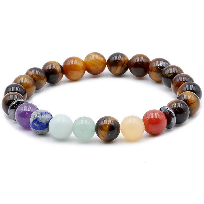 Bracelet 7 chakras oeil de tigre A (boules 7 - 8mm) - La Boite à Cailloux