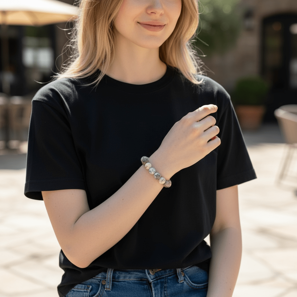 Bracelet agate dentrite Brésil A (boules 10mm) - La Boite à Cailloux