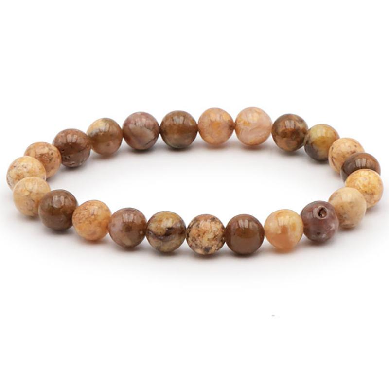 Bracelet agate mousse jaune Brésil A (boules 7 - 8mm) - La Boite à Cailloux